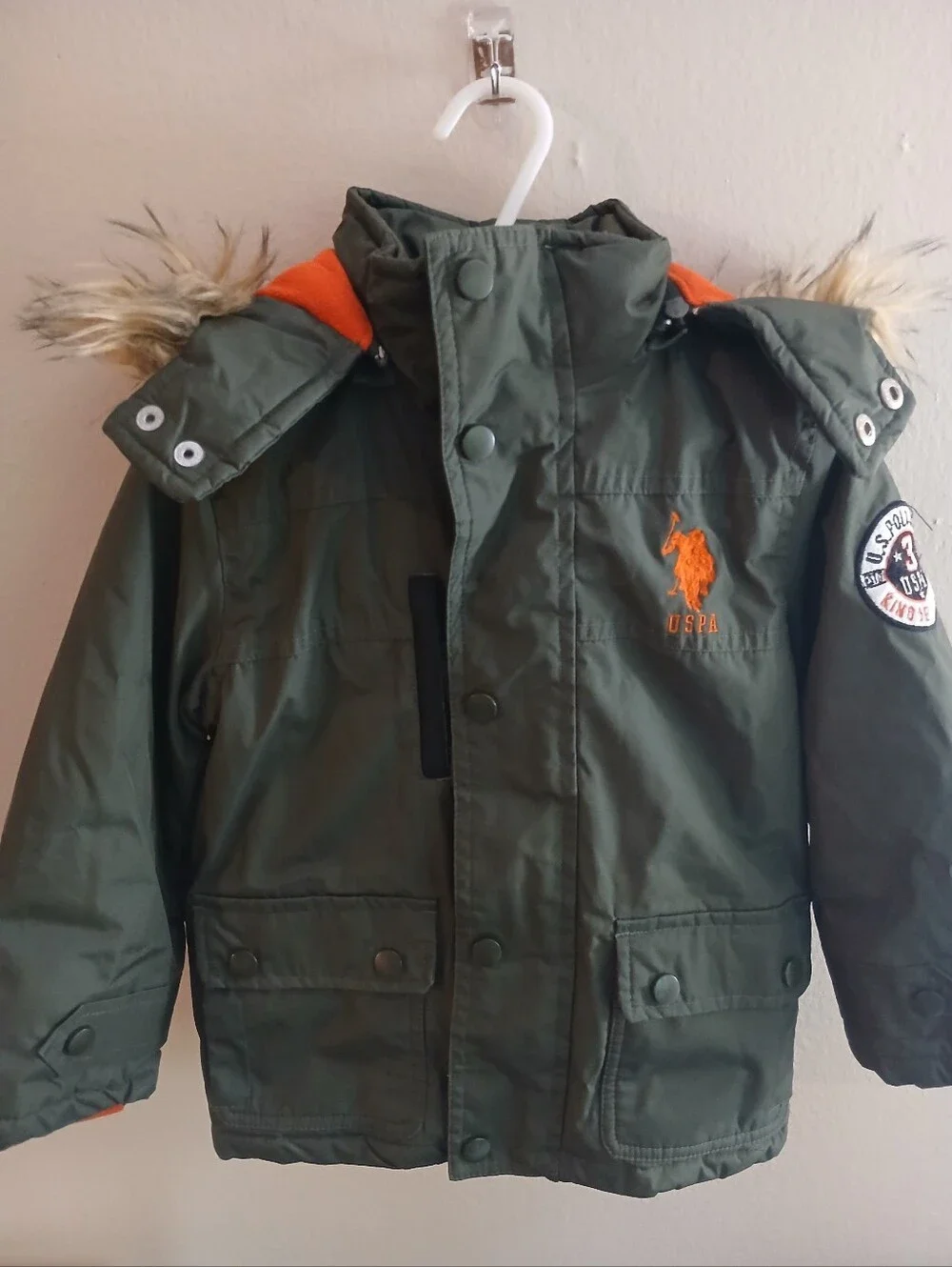 U.S. Polo Assn. Olive Green Puffer Jacket with Orange Accents